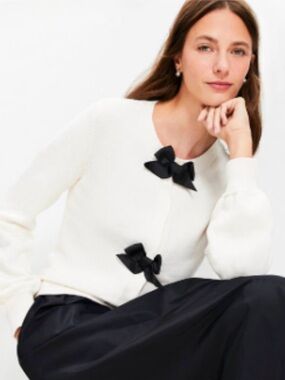 LOFT Cotton Cream Knit Cardigan with Black Bows Size Small